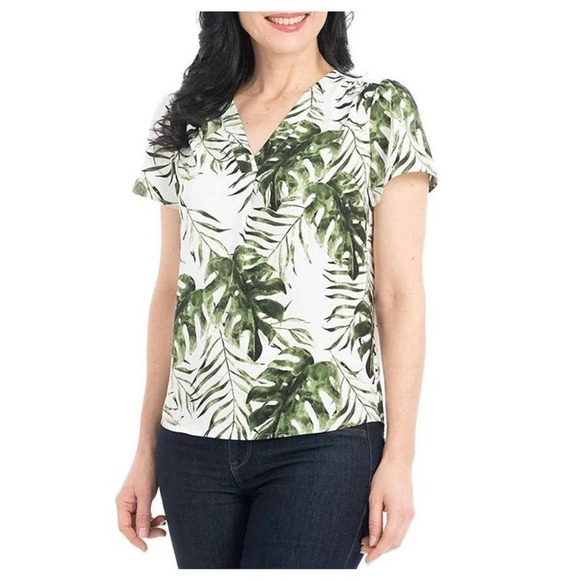 HILARY RADLEY | WOMEN’S V-NECK SHORT SLEEVE BLOUSE‎ TROPICAL PRINT SIZE M - Picture 1 of 11